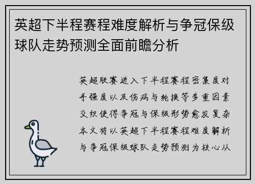 英超下半程赛程难度解析与争冠保级球队走势预测全面前瞻分析 英超下半程赛程难度解析与争冠保级球队走势预测全面前瞻分析