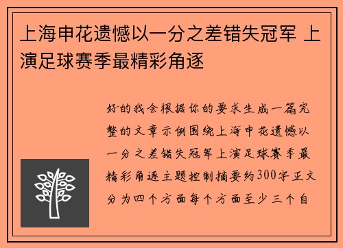 上海申花遗憾以一分之差错失冠军 上演足球赛季最精彩角逐